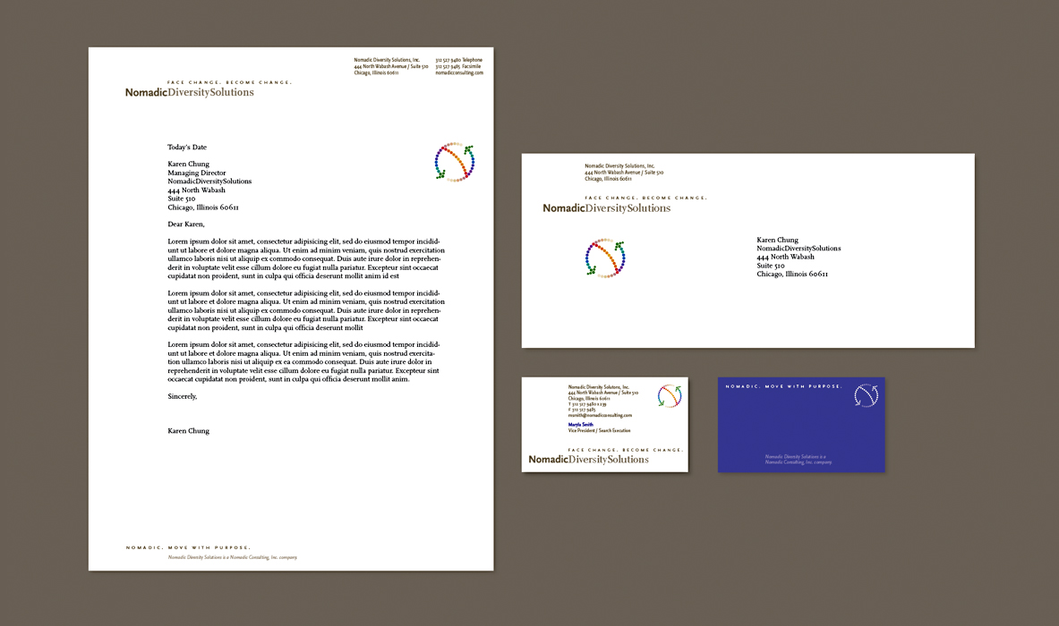 Nomadic Diversity Solutions Letterhead, Envelope, and Business Card